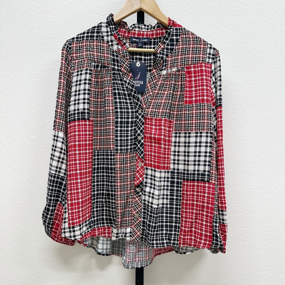 Nautica Jeans Red Patchwork Plaid Split Neck Blouse Top Size L